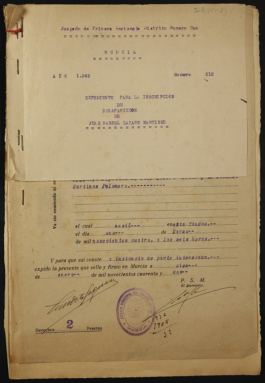 Expediente nº 212/1942 del Juzgado de Primera Instancia de Murcia para la inscripción en el Registro Civil por la defunción en el frente de Juan Manuel Lázaro Martínez.